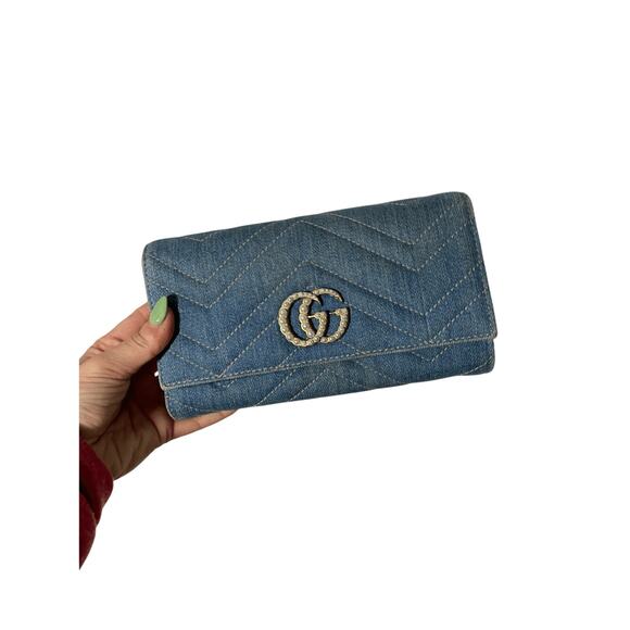 NWT Gucci Marmont Denim Pearl Zippy Wallet Limited Edition Preppy Denim Glam - Picture 7 of 13